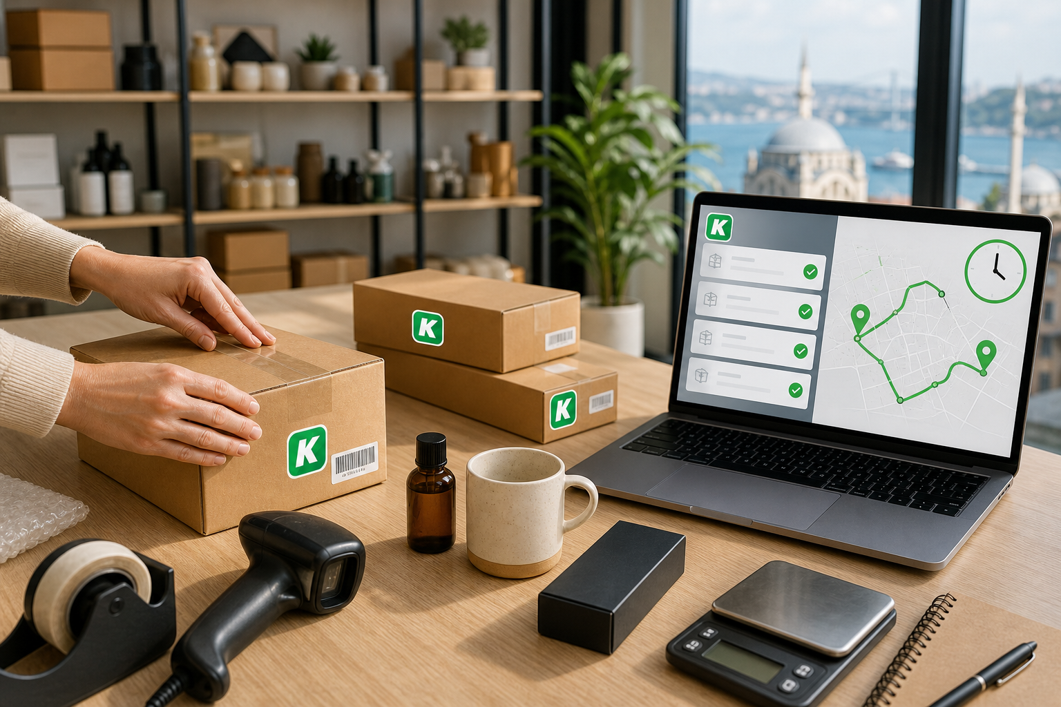 E-ticaret siparişlerinin aynı gün teslimat için paketlendiği düzenli operasyon masası